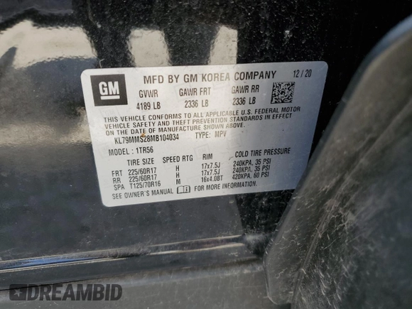 2021 Chevrolet TrailBlazer LS with VIN KL79MMS28MB104034, listed as a Copart auction lot 62546924 with 45,753 mi miles and Salvage Title. Bid and sale history available at DreamBid. Image 13.