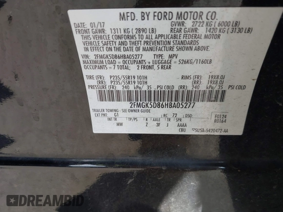 2017 Ford Flex Limited z VIN 2FMGK5D86HBA05277, wystawiony jako IAAI lot #41469361 z przebiegiem 228 410 mil mil oraz . Historia ofert i sprzedaży dostępna na DreamBid. Obrazek 9.