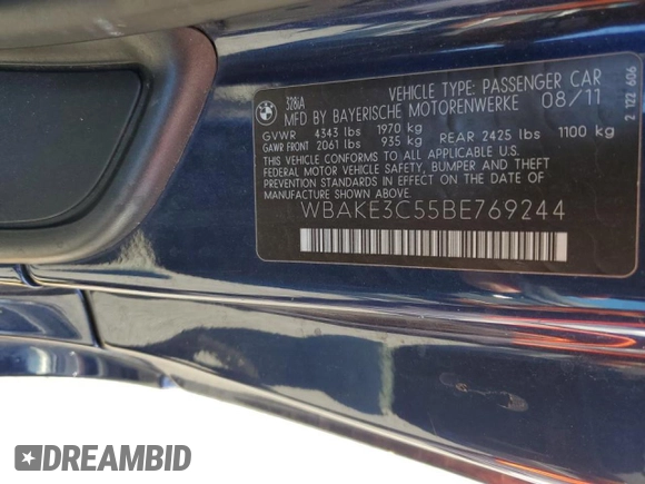 2011 BMW 3 Series 328i with VIN WBAKE3C55BE769244, listed as a Copart auction lot 43719655 with 119,895 mi miles and Salvage Title. Bid and sale history available at carsss.com. Image 14.