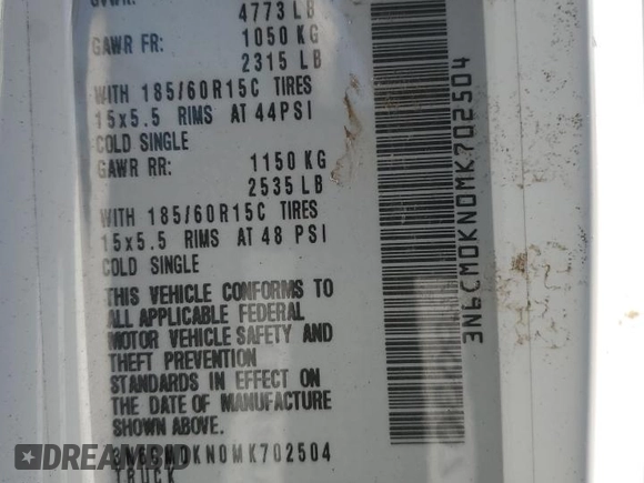 2021 Nissan NV200 SV with VIN 3N6CM0KN0MK702504, listed as a Copart auction lot 87307614 with Not provided miles and Salvage title. Bid and sale history available at DreamBid. Image 13.
