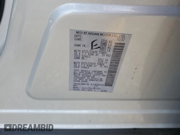2013 Infiniti JX35 with VIN 5N1AL0MN7DC326900, listed as a Copart auction lot 64036644 with 0 mi miles and Salvage Title. Bid and sale history available at carsss.com. Image 15.