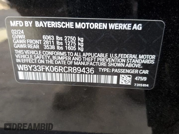 2024 BMW i5 eDrive40 with VIN WBY33FK06RCR89436, listed as a Copart auction lot 76718924 with 0 mi miles and Salvage Title. Bid and sale history available at carsss.com. Image 12.