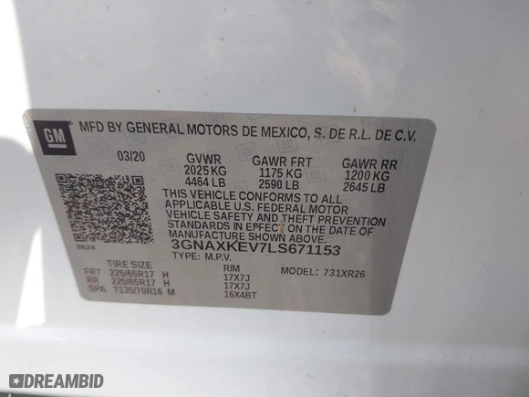 2020 Chevrolet Equinox LT with VIN 3GNAXKEV7LS671153, listed as a IAAI auction lot 40107856 with 32,888 mi miles. Bid and sale history available at carsss.com. Image 9.