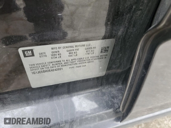 2014 Chevrolet Sonic LT with VIN 1G1JC5SH2E4242891, listed as a Copart auction lot 44350635 with 160,640 mi miles and Salvage Title. Bid and sale history available at DreamBid. Image 12.
