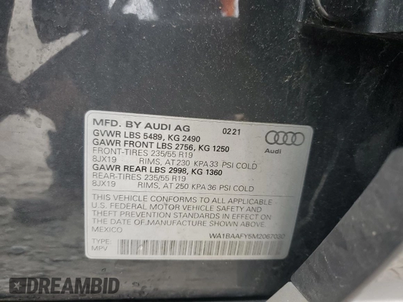 2021 Audi Q5 Premium Plus z VIN WA1BAAFY5M2067030, wystawiony jako Copart lot #57124845 z przebiegiem 43 567 mil mil oraz Szkoda całkowita • Salvage title. Historia ofert i sprzedaży dostępna na DreamBid. Obrazek 13.