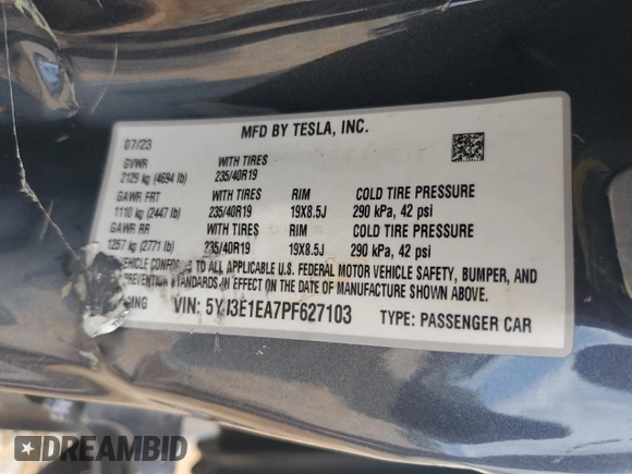 2023 Tesla Model 3 with VIN 5YJ3E1EA7PF627103, listed as a Copart auction lot 55493425 with Not provided miles and Non repairable. Bid and sale history available at DreamBid. Image 12.