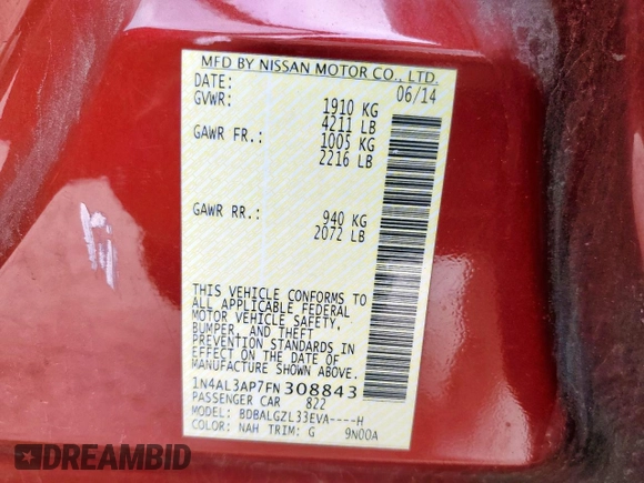 2015 Nissan Altima 2.5 with VIN 1N4AL3AP7FN308843, listed as a Copart auction lot 57144665 with 141,264 mi miles and Salvage title. Bid and sale history available at DreamBid. Image 13.