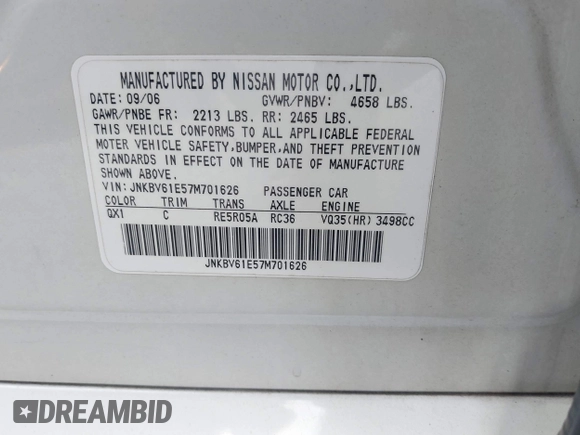 2007 Infiniti G35 Journey with VIN JNKBV61E57M701626, listed as a IAAI auction lot 41932006 with 130,636 mi miles and . Bid and sale history available at DreamBid. Image 9.