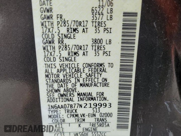 2007 Nissan Titan LE with VIN 1N6AA07B77N219993, listed as a Copart auction lot 44948415 with 170,422 mi miles and Salvage title. Bid and sale history available at DreamBid. Image 14.