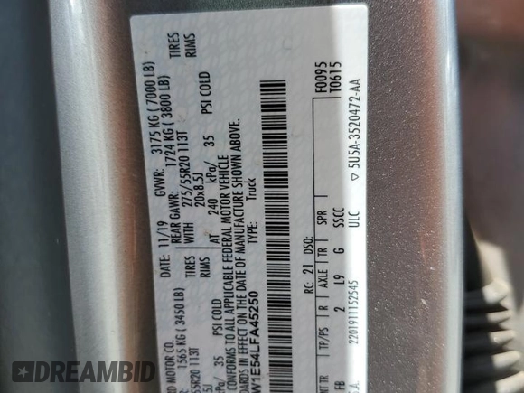2020 Ford F-150 XL with VIN 1FTEW1E54LFA45250, listed as a Copart auction lot 64074094 with 70,745 mi miles and Salvage title. Bid and sale history available at DreamBid. Image 13.