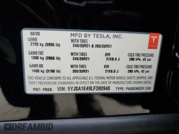 2020 Tesla Model S Performance with VIN 5YJSA1E49LF390948, listed as a Copart auction lot 47313715 with 95,143 mi miles and Salvage title. Bid and sale history available at DreamBid. Image 15.