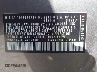 2017 Volkswagen Jetta SEL z VIN 3VWL17AJ6HM407708, wystawiony jako IAAI lot #41848360 z przebiegiem Nie podano mil oraz . Historia ofert i sprzedaży dostępna na DreamBid. Obrazek 9.