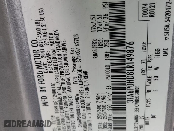 2020 Ford Fusion SE with VIN 3FA6P0HD8LR149876, listed as a Copart auction lot 89190665 with 138,373 mi miles and Salvage Title. Bid and sale history available at DreamBid. Image 12.