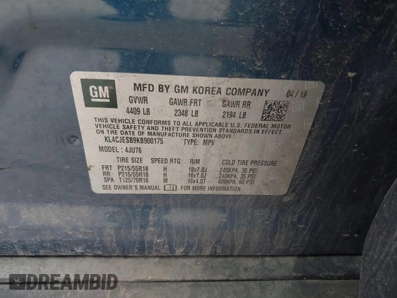 2019 Buick Encore Preferred with VIN KL4CJESB9KB900175, listed as a IAAI auction lot 41981528 with 52,902 mi miles. Bid and sale history available at carsss.com. Image 9.