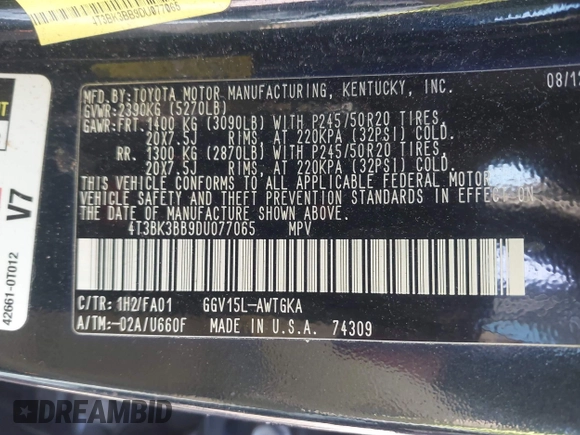 2013 Toyota Venza LE with VIN 4T3BK3BB9DU077065, listed as a IAAI auction lot 41729217 with 130,122 mi miles and . Bid and sale history available at DreamBid. Image 9.