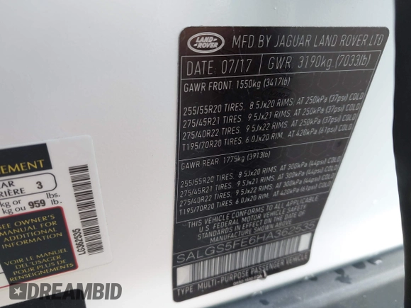 2017 Land Rover Range Rover с VIN SALGS5FE6HA362535, выставлен на аукционе IAAI как лот 42384925 с пробегом 116 989 миль миль и . История ставок и продаж доступна на DreamBid. Изображение 9.