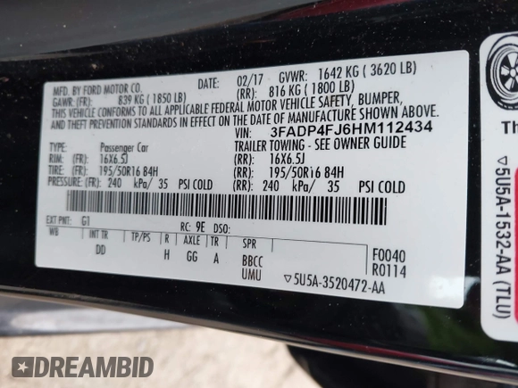 2017 Ford Fiesta Titanium with VIN 3FADP4FJ6HM112434, listed as a IAAI auction lot 41803424 with Not Provided miles and . Bid and sale history available at DreamBid. Image 9.