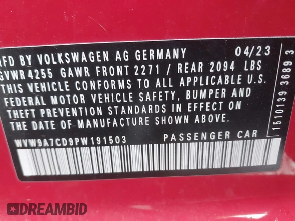 2023 Volkswagen Golf GTI 40th Anniversary Edition with VIN WVW9A7CD9PW191503, listed as a IAAI auction lot 41296669 with 25,306 mi miles. Bid and sale history available at carsss.com. Image 9.