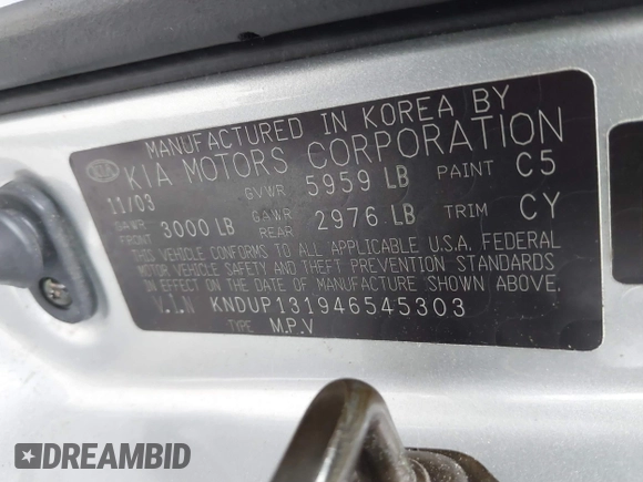 2004 Kia Sedona LX with VIN KNDUP131946545303, listed as a IAAI auction lot 41714164 with 1 mi miles. Bid and sale history available at carsss.com. Image 9.