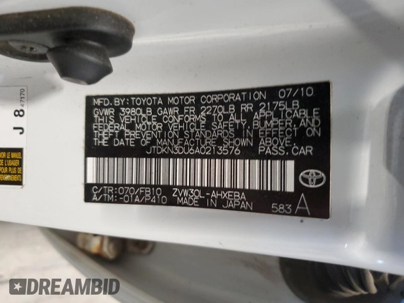 2010 Toyota Prius II with VIN JTDKN3DU6A0213576, listed as a Copart auction lot 89073455 with 202,368 mi miles and Salvage Title. Bid and sale history available at DreamBid. Image 14.