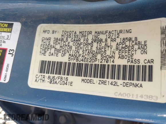 2013 Toyota Corolla L with VIN 5YFBU4EE2DP127014, listed as a IAAI auction lot 41729189 with 156,673 mi miles. Bid and sale history available at carsss.com. Image 9.