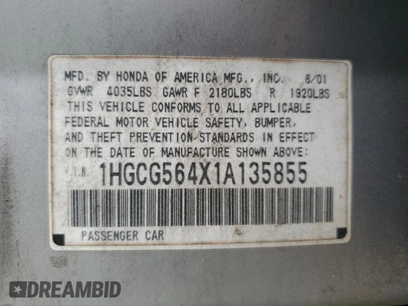 2001 Honda Accord LX z VIN 1HGCG564X1A135855, wystawiony jako Copart lot #57346815 z przebiegiem 235 585 mil mil oraz Szkoda całkowita • Salvage title. Historia ofert i sprzedaży dostępna na DreamBid. Obrazek 12.