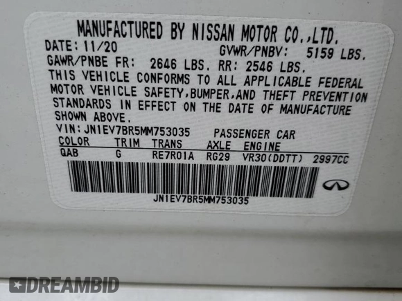 2021 Infiniti Q50 Luxe with VIN JN1EV7BR5MM753035, listed as a Copart auction lot 58970045 with 62,927 mi miles and Salvage title. Bid and sale history available at DreamBid. Image 12.