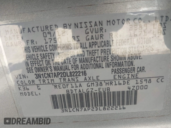 2013 Nissan Versa SV with VIN 3N1CN7AP2DL822216, listed as a IAAI auction lot 41667978 with 194,281 mi miles and . Bid and sale history available at DreamBid. Image 9.