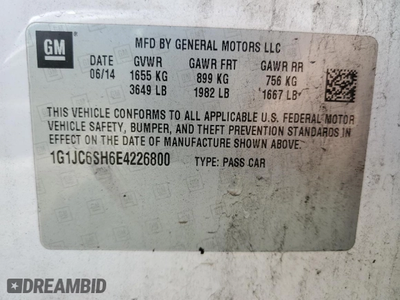 2014 Chevrolet Sonic LT with VIN 1G1JC6SH6E4226800, listed as a Copart auction lot 48566585 with 252,404 mi miles and Clean Title. Bid and sale history available at carsss.com. Image 12.