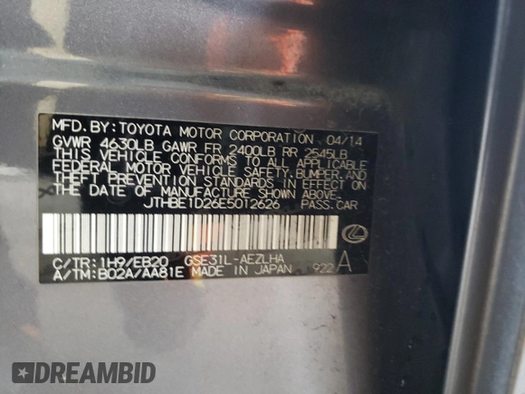 2014 Lexus IS 350 with VIN JTHBE1D26E5012626, listed as a Copart auction lot 51060815 with 127,594 mi miles and Salvage Title. Bid and sale history available at carsss.com. Image 13.