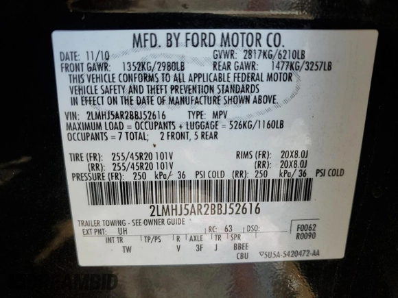 2011 Lincoln MKT with VIN 2LMHJ5AR2BBJ52616, listed as a Copart auction lot 88240185 with 154,388 mi miles and Salvage Title. Bid and sale history available at DreamBid. Image 15.