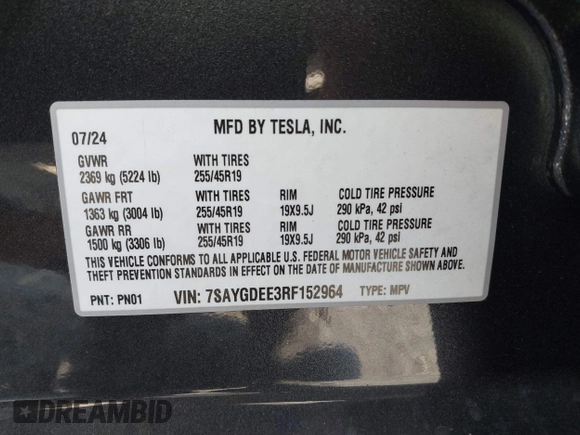 2024 Tesla Model Y Long Range with VIN 7SAYGDEE3RF152964, listed as a IAAI auction lot 40394843 with 3,393 mi miles. Bid and sale history available at carsss.com. Image 9.