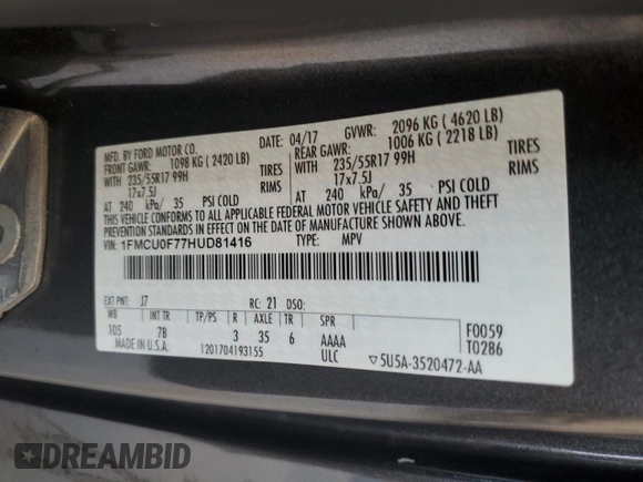2017 Ford Escape S with VIN 1FMCU0F77HUD81416, listed as a Copart auction lot 62612225 with 207,753 mi miles and Clean title. Bid and sale history available at DreamBid. Image 13.