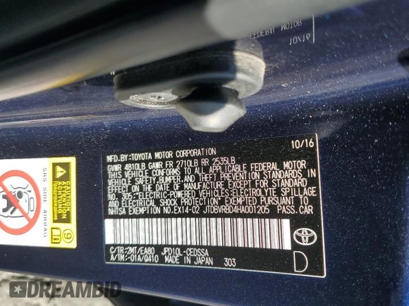 2017 Toyota Mirai with VIN JTDBVRBD4HA001205, listed as a Copart auction lot 81937094 with 64,600 mi miles and Non Repairable. Bid and sale history available at DreamBid. Image 14.