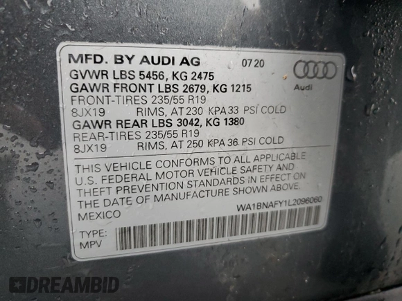 2020 Audi Q5 Premium Plus with VIN WA1BNAFY1L2096060, listed as a Copart auction lot 36962283 with 13,084 mi miles. Bid and sale history available at carsss.com. Image 16.