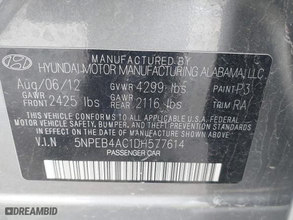 2013 Hyundai Sonata GLS with VIN 5NPEB4AC1DH577614, listed as a IAAI auction lot 42010925 with 95,518 mi miles. Bid and sale history available at carsss.com. Image 9.