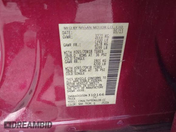 2013 Nissan Titan SV with VIN 1N6BA0ED5DN310166, listed as a IAAI auction lot 42583460 with 85,673 mi miles and . Bid and sale history available at DreamBid. Image 9.