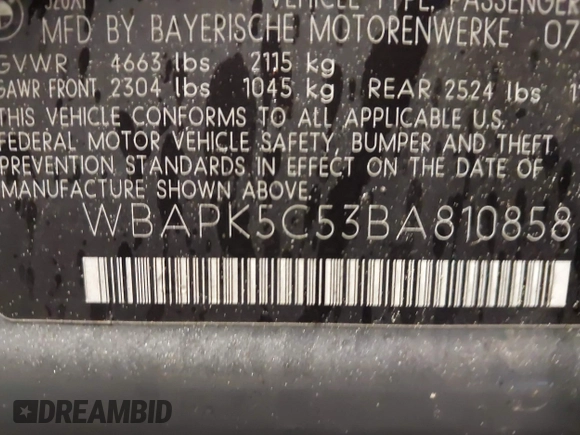 2011 BMW 3 Series 328i xDrive with VIN WBAPK5C53BA810858, listed as a IAAI auction lot 42165578 with 37,966 mi miles and . Bid and sale history available at carsss.com. Image 9.