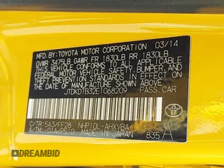 2014 Toyota Prius One with VIN JTDKDTB32E1068209, listed as a IAAI auction lot 41840919 with 201,698 mi miles and . Bid and sale history available at DreamBid. Image 9.