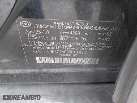 2011 Hyundai Sonata Limited with VIN 5NPEC4AC9BH100682, listed as a IAAI auction lot 42146593 with 241,070 mi miles and . Bid and sale history available at DreamBid. Image 9.