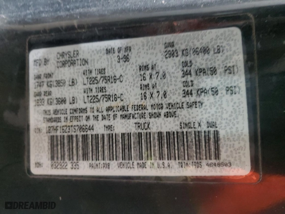 1996 Dodge Ram 1500 with VIN 1B7HF16Z3TS706644, listed as a Copart auction lot 45739775 with 128,104 mi miles and Salvage Title. Bid and sale history available at carsss.com. Image 12.