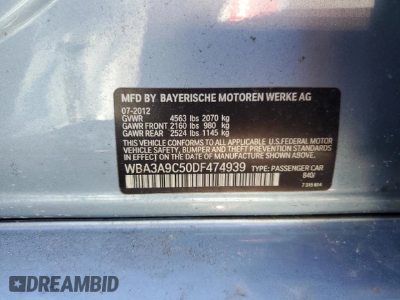 2013 BMW 3 Series 335i with VIN WBA3A9C50DF474939, listed as a Copart auction lot 49425285 with 150,639 mi miles and Clean Title. Bid and sale history available at carsss.com. Image 12.
