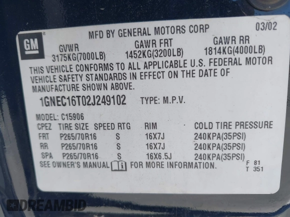 2002 Chevrolet Suburban LT with VIN 1GNEC16T02J249102, listed as a IAAI auction lot 42324409 with 174,591 mi miles and . Bid and sale history available at DreamBid. Image 9.