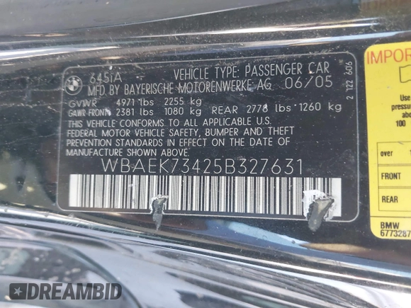 2005 BMW 6 Series 645Ci with VIN WBAEK73425B327631, listed as a IAAI auction lot 40923954 with 189,010 mi miles. Bid and sale history available at carsss.com. Image 9.