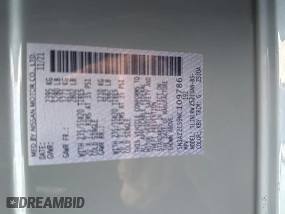 2022 Nissan Murano SL with VIN 5N1AZ2CS9NC109786, listed as a Copart auction lot 59403605 with 9,541 mi miles and Clean title. Bid and sale history available at DreamBid. Image 10.