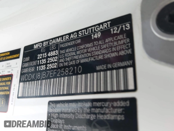 2014 Mercedes-Benz E 350 with VIN WDDKJ8JB7EF258210, listed as a IAAI auction lot 42632492 with 127,556 mi miles and . Bid and sale history available at DreamBid. Image 9.