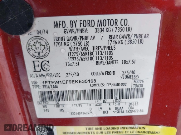 2014 Ford F-150 XL with VIN 1FTFW1EF9EKE35168, listed as a IAAI auction lot 41388198 with 71,272 mi miles. Bid and sale history available at carsss.com. Image 9.