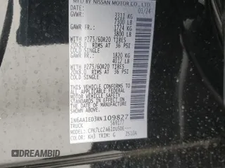 2024 Nissan Titan Pro-4X with VIN 1N6AA1ED3RN109827, listed as a Copart auction lot 42034245 with 4,076 mi miles and Salvage title. Bid and sale history available at DreamBid. Image 12.