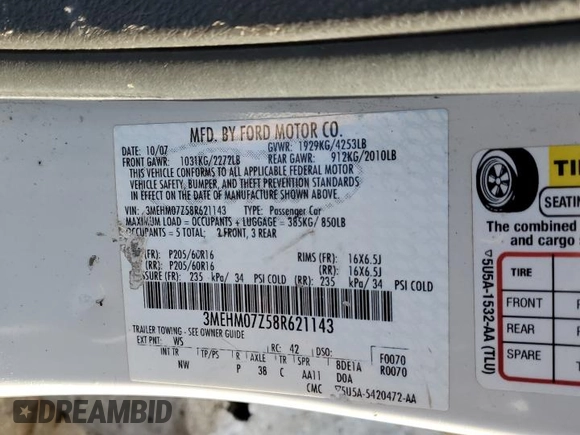 2008 Mercury Milan with VIN 3MEHM07Z58R621143, listed as a Copart auction lot 88275745 with 166,017 mi miles and Salvage Title. Bid and sale history available at carsss.com. Image 12.