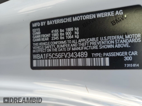 2015 BMW 2 Series 228i with VIN WBA1F5C56FV343489, listed as a Copart auction lot 43432594 with 109,196 mi miles. Bid and sale history available at carsss.com. Image 12.